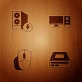 Set Optical disc drive, Case of computer, Computer mouse and monitor on wooden background. Vector Royalty Free Stock Photo