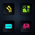 Set Optical disc drive, LAN cable network internet, SSHD card and Motherboard digital chip. Black square button. Vector Royalty Free Stock Photo