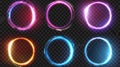 Set of optical halo flares with neon light modern effects isolated on transparent background. Circle lens ring with Royalty Free Stock Photo