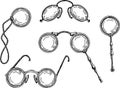 Set of optics Pince-nez, lorgnette, monocles. Vintage spectacles. Vintage glasses sign. Ink sketch set isolated on white