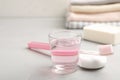 Set of oral care products on light table Royalty Free Stock Photo