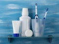 Set for oral care and two toothbrushes in a glass Royalty Free Stock Photo