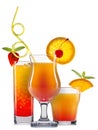 Set of orange cocktails with decoration from fruits and colorful straw isolated on white background