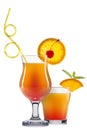 Set of orange cocktails with decoration from fruits and colorful straw isolated on white background