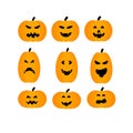 Set of orange cute Halloween funny faces pumpkins, cheerful Autumn holiday icon. Vector illustration graphics on white background. Royalty Free Stock Photo