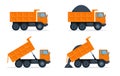 Set of orange dump trucks on white background.