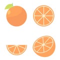 Set of Orange fruit cartoon flat illustration design. Fresh whole and half orange fruit with leaves. Summer fruits for healthy Royalty Free Stock Photo