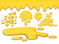 Set of orange honey drops and yellow splashes healthy syrup golden food liquid drip vector illustration.