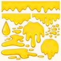 Set of orange honey drops and yellow splashes healthy syrup golden food liquid drip vector illustration.