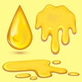 Set of orange honey drops and yellow splashes healthy syrup golden food liquid drip vector illustration.