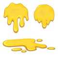 Set of orange honey drops and yellow splashes healthy syrup golden food liquid drip vector illustration.