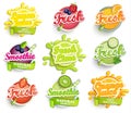 Set of orange, lemon, lime smoothie and fresh labels splash. Royalty Free Stock Photo