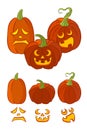 Set of orange pumpkins with different facial expressions isolated on white background.