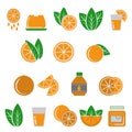 Set with oranges fruits, whole and halves, leaves and citrus products in the form of jelly, juice, drink and jam, icon set for Royalty Free Stock Photo