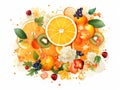 set of oranges in watercolor style on a white background, vitamin c against ailments and flu