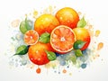 set of oranges in watercolor style on a white background, vitamin c against ailments and flu