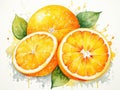 set of oranges in watercolor style on a white background, vitamin c against ailments and flu