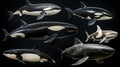 Set of orca killer whales white background