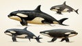 Set of orca killer whales white background