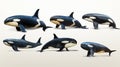 Set of orca killer whales white background