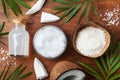 Set of organic coconut products for spa treatment, cosmetic or food ingredients. Oil, water and shavings top view. Flat lay.