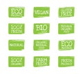 Set of organic food labels. Fresh vegetarian products and healthy foods badges Royalty Free Stock Photo