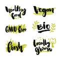Set of organic food stickers. Vector labels for bio products. GMO-free sign, locally grown, healthy food symbol. Royalty Free Stock Photo