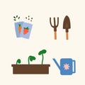 Set of organic Gardening. Illustrations of a pot with plants, Watering can, Organic seeds, Scoop, Fork. Vector Collection for the