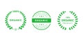 Set of organic 100 percent premium quality badges with branch with leaves. Design element for packaging design and