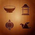 Set Origami bird, Bowl of hot soup, Japanese paper lantern and Japan Gate on wooden background. Vector Royalty Free Stock Photo