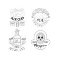 Set of original logos for Mexican restaurants. Sketch style vector emblems with traditional food, tequila bottle and
