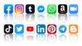 Set of original popular Social Media and Mobile Apps icons with reflection: Facebook, Instagram, Tumblr, Messenger and others, Royalty Free Stock Photo