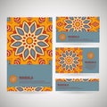 Set of ornamental business cards with flower mandala in orange, Royalty Free Stock Photo