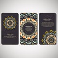 Set of ornamental cards, flyers with flower mandala in dark blue