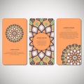 Set of ornamental cards, flyers with flower mandala in orange, ,