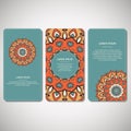 Set of ornamental cards, flyers with flower mandala in turquoise