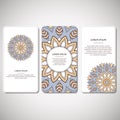 Set of ornamental cards, flyers with flower mandala in white, bl