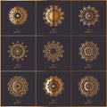 Set of ornamental cards with gold flower oriental mandala on dar