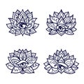 Set of ornamental lotus flower patterns with third eye Royalty Free Stock Photo