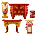 Set of ornate furniture in oriental style isolated on white background. Red floor vase, table with gold ornament Royalty Free Stock Photo