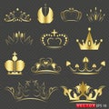 Set of ornate gold crowns. Colors in gradients are just a few global swatches, so file can be recolored easily. Each crown is