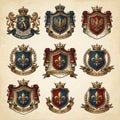 Set of royal badges and shield stock vector illustrations. Includes ornate heraldic shields, emblems, crests Royalty Free Stock Photo