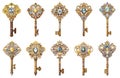 Set of ornate vintage golden keys with gemstones, isolated illustrations on white background. Generative AI Royalty Free Stock Photo