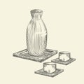 Set os Japanese sake and cup isolated on white background. Ceramic bottle sake hand drawn sketch Royalty Free Stock Photo