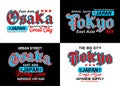 Set Osaka Tokyo city calligraphy typeface collection, for print on t shirts etc.
