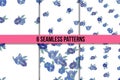 Set osix seamless patterns with blue flowers Royalty Free Stock Photo