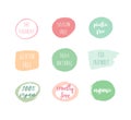 Set ot hand drawn colorful badges design paraben free, silicon free, vegan; organic, natural