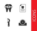 Set Otolaryngological head reflector, Teeth with braces, Dental floss and Clipboard dental card icon. Vector