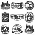 Set of outdoor adventure quotes symbol. Concept for shirt or logo, print, stamp or tee. Vintage design with hiking boots