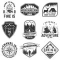 Set of outdoor adventure quotes symbol. Concept for shirt or logo, print, stamp. Vintage design with mountains, compass